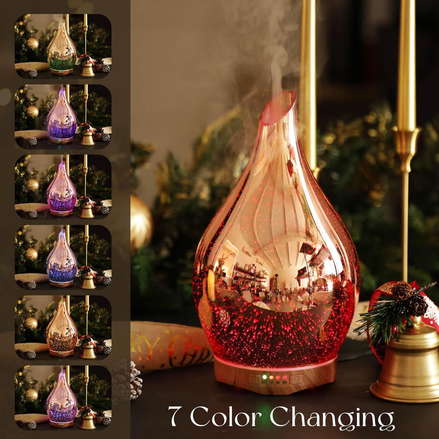 280Ml Essential Oil Diffuser, 3D Glass Aromatherapy Diffusor, Ultrasonic Cool Mist BPA Free Aroma Humidifier with Timer and Color Changing Function, Waterless Shut-Off for Home Office Room