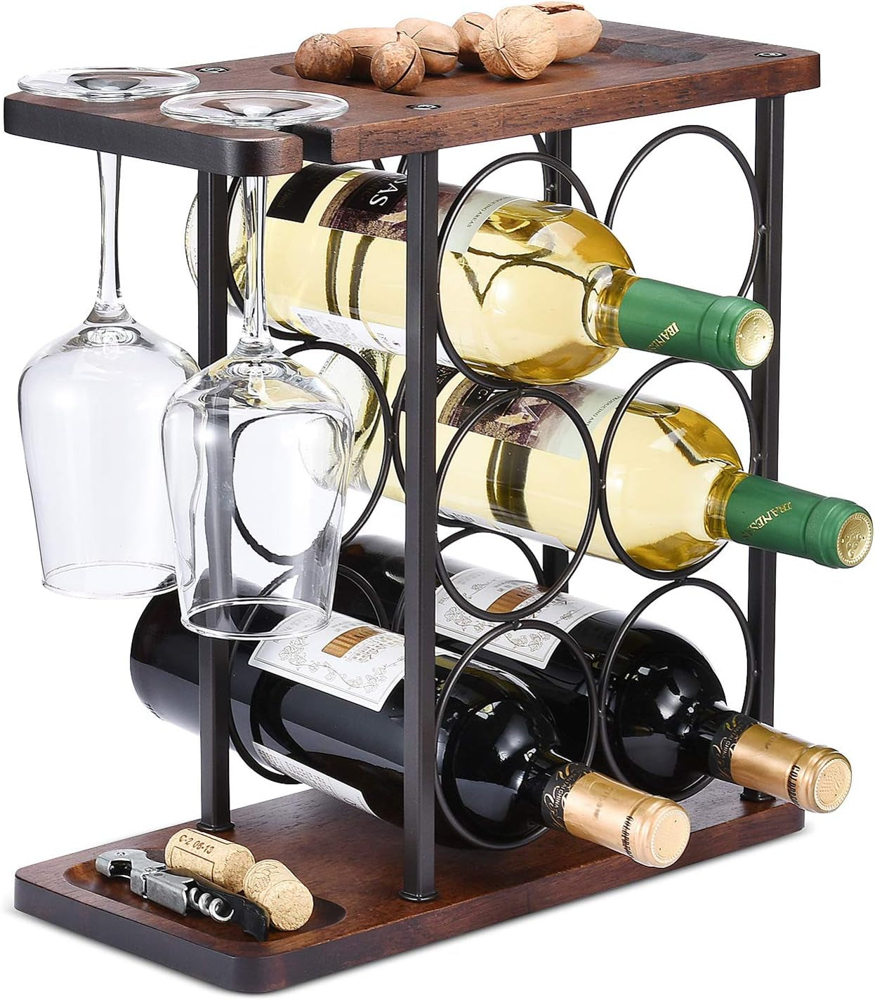 Wine Rack with Glass Holder, Countertop Wine Rack, Wooden Wine Holder with Tray,