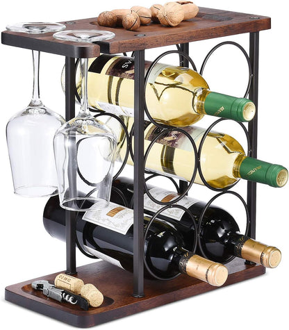 Wine Rack with Glass Holder, Countertop Wine Rack, Wooden Wine Holder with Tray,