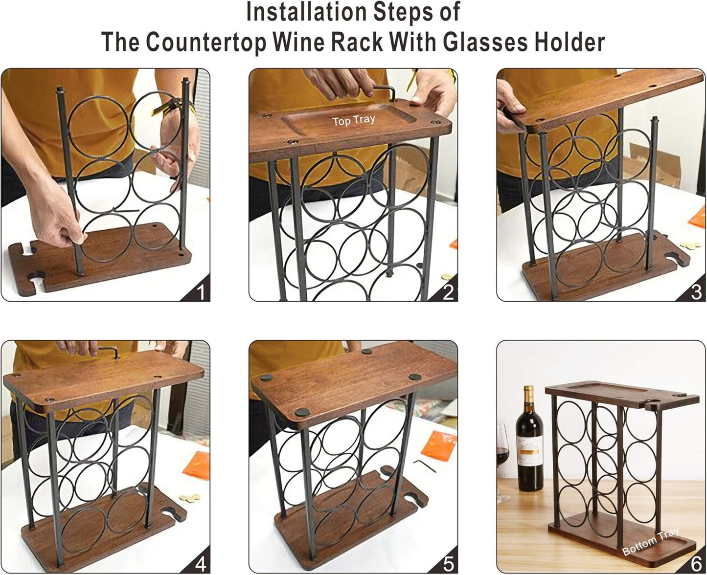 Wine Rack with Glass Holder, Countertop Wine Rack, Wooden Wine Holder with Tray,