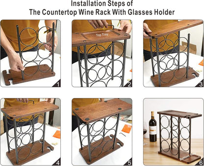 Wine Rack with Glass Holder, Countertop Wine Rack, Wooden Wine Holder with Tray,